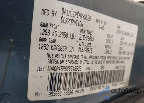 2006 Chrysler Town & Country из США, поврежденный, VIN 1A4GP45R66B548522